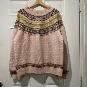 PER UNA Chunky FAIR ISLE JUMPER Womens US16 UK20 PINK Mix sweater Long Sleeve‎